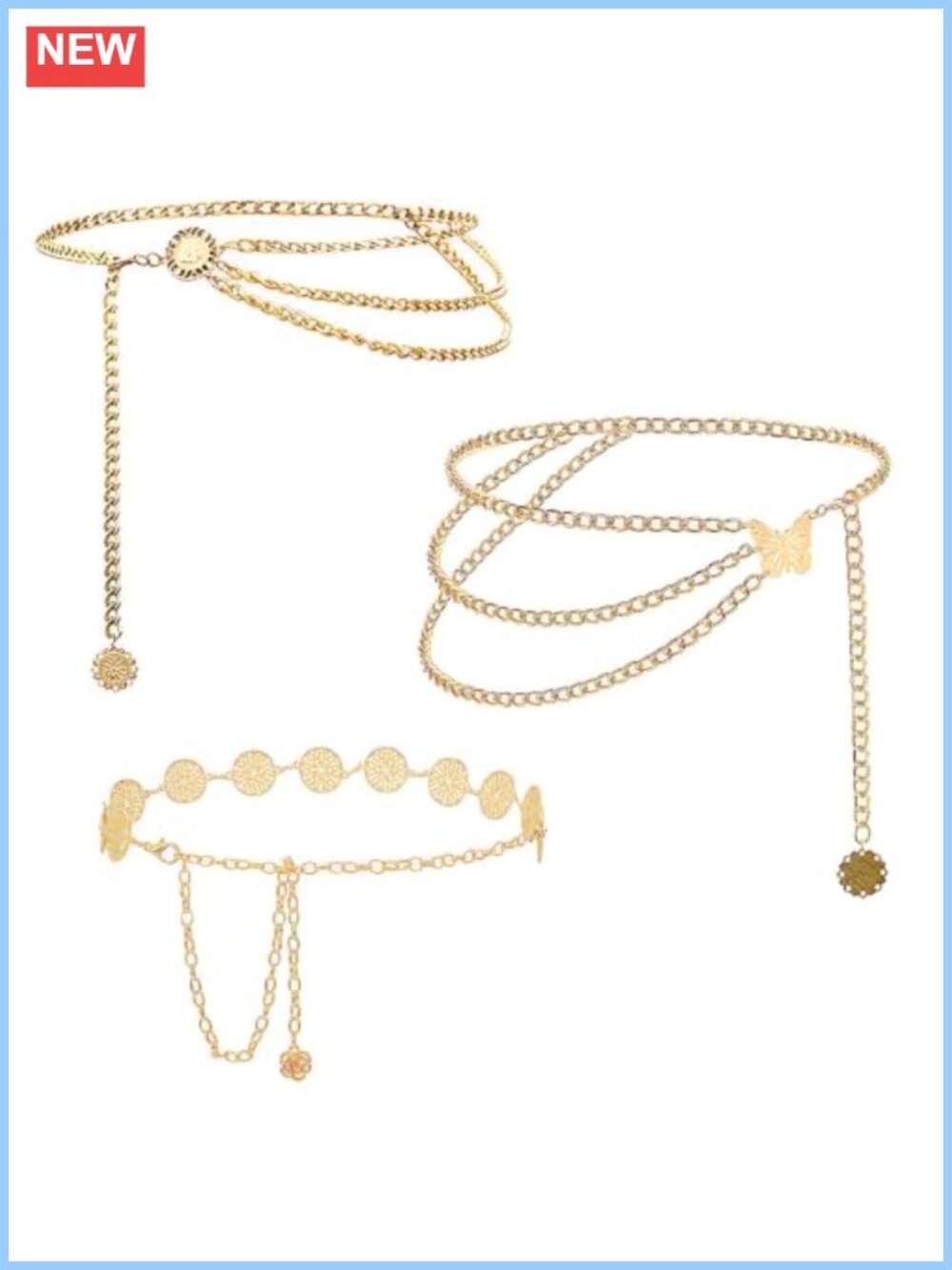 Gold Plated Chain Belt Set 3 Pc Adjustable Waist Body Jewelry